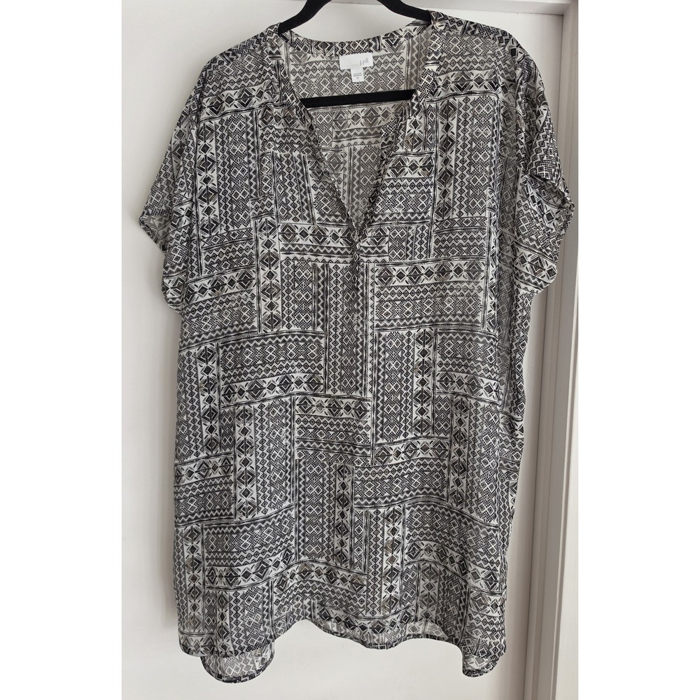 J.Jill Blouse XL Black White Geometric Short Sleeve Split Neck Top Semi-Sheer